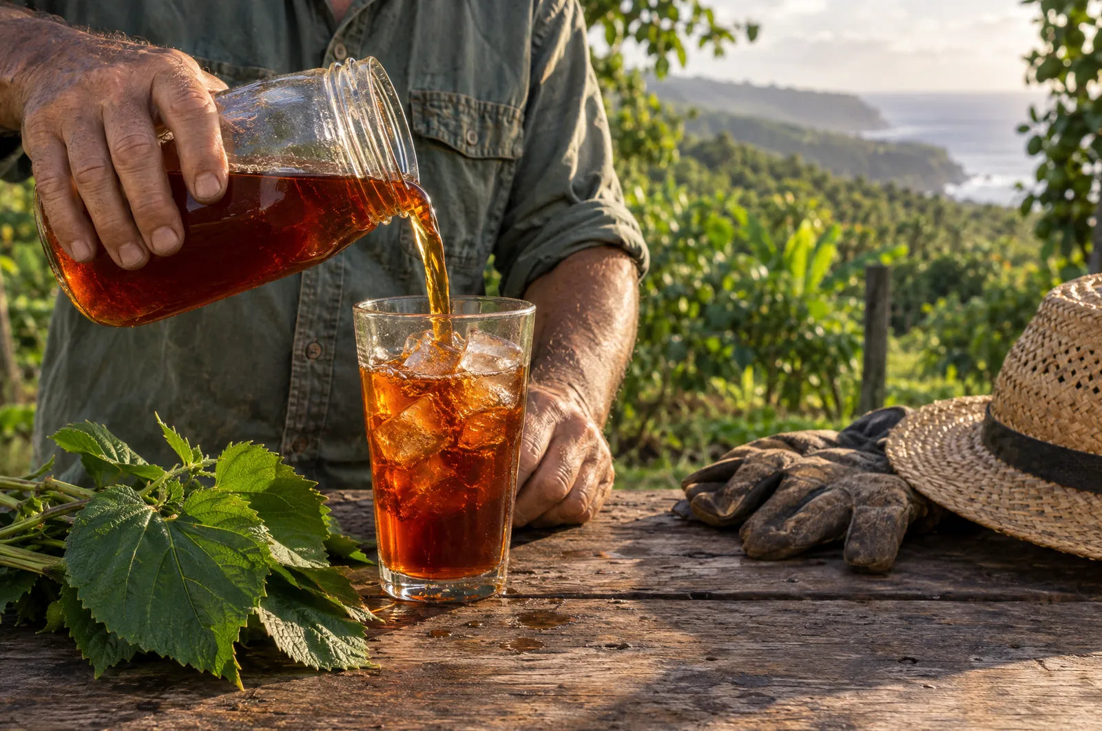 Reddish-amber māmaki tea being poured over ice on a Hawaiian farm.
