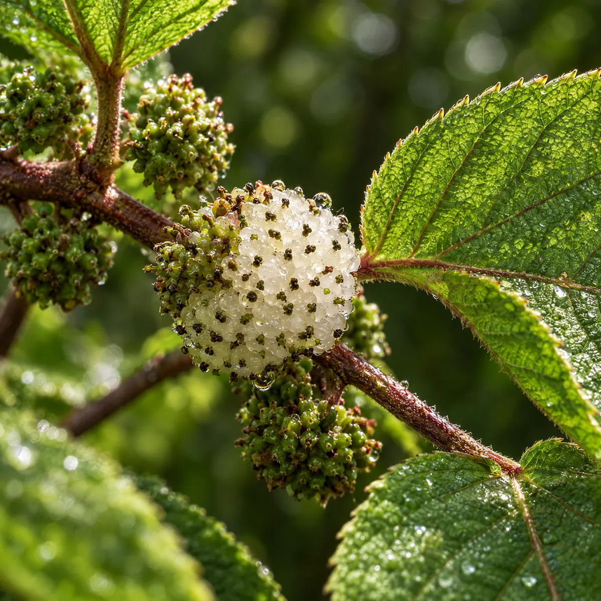 Close-up of the small white fruit of the māmaki plant.