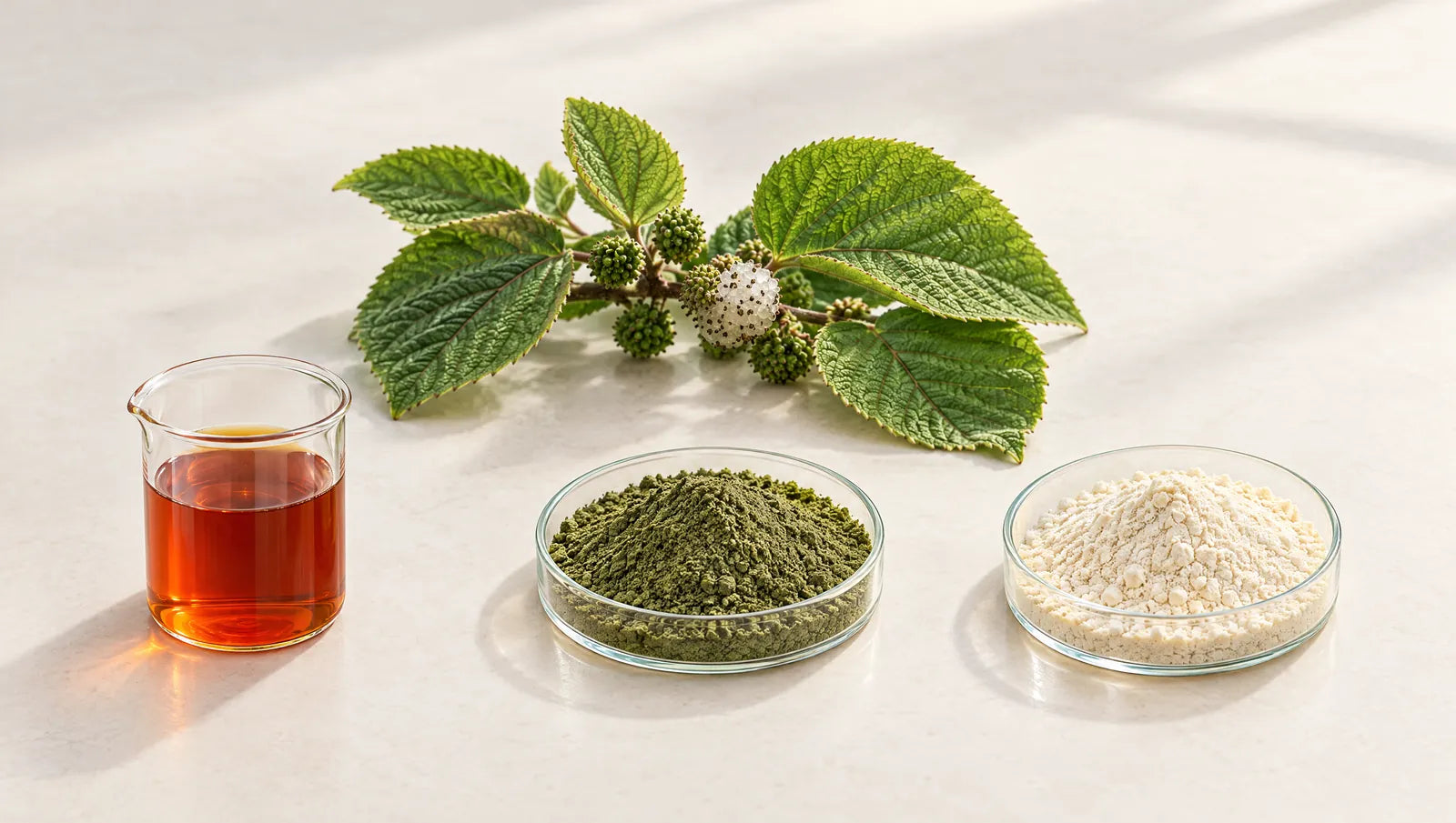 Three māmaki preparations side by side: an amber hot-water extract, green crushed leaf powder and cream-colored crushed fruit powder.